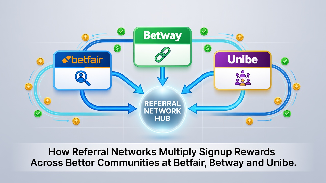 Group of bettors discussing referral rewards and tracking bonuses on tablets