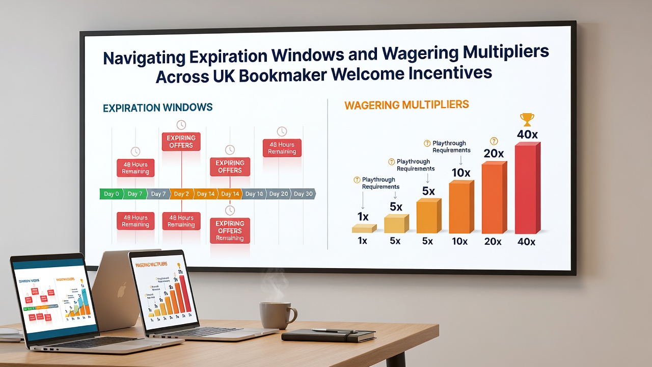 Infographic illustrating how wagering multipliers interact with bonus expiration periods at UK bookmakers